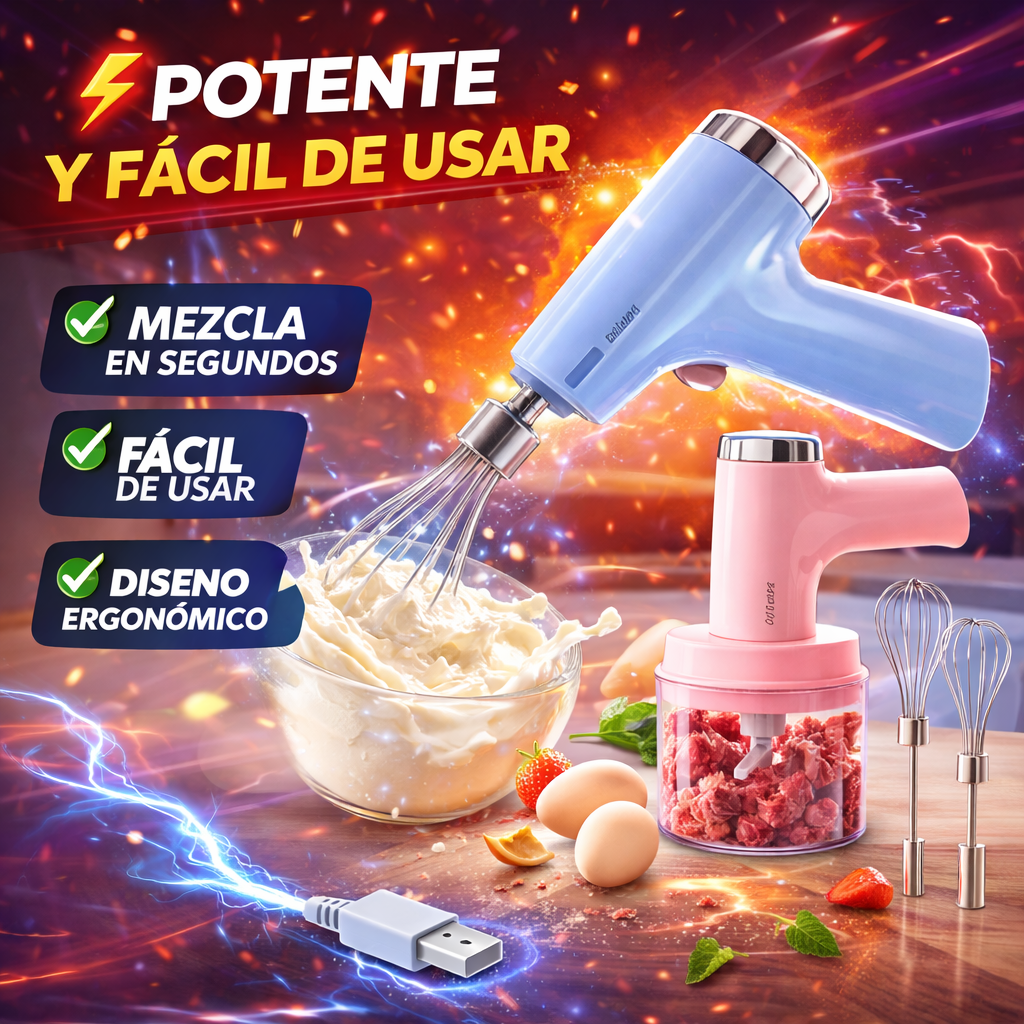 Mini Batidora Eléctrica 3 en 1 Recargable | Bate, Pica y Mezcla en Segundos