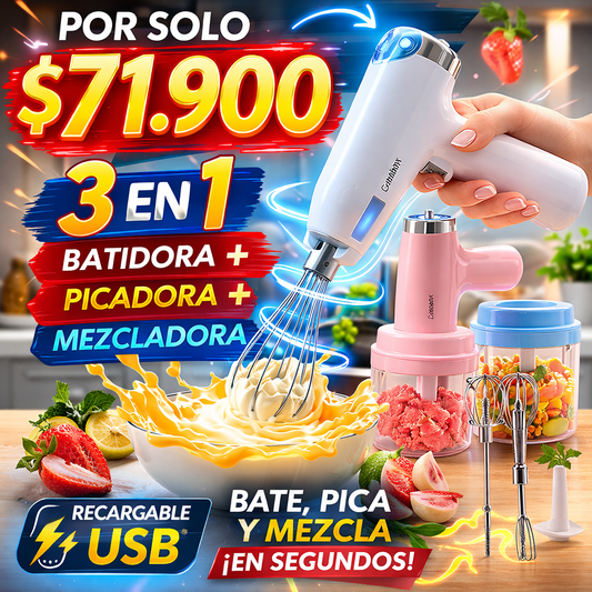 Mini Batidora Eléctrica 3 en 1 Recargable | Bate, Pica y Mezcla en Segundos